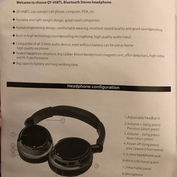 Dylan QY-V6BTL On-Ear Bluetooth headphones ~ Case & Instruction Manual included - Picture 2 of 3